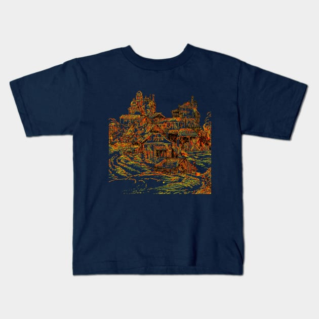 Old World Town at Sunset Outline Art Kids T-Shirt by Mazz M
